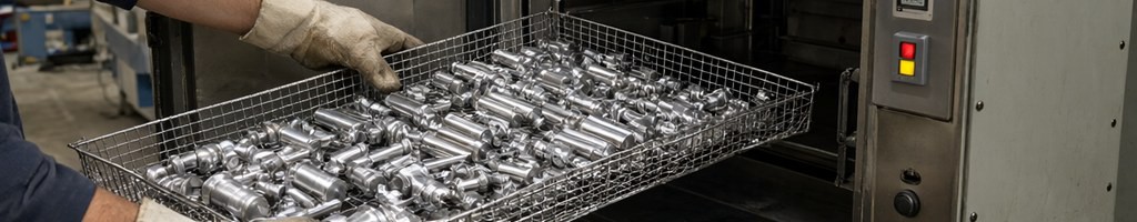 Gloved hands sliding a wire basket of electroless nickel plated steel parts into an industrial batch oven for a hardening heat treatment