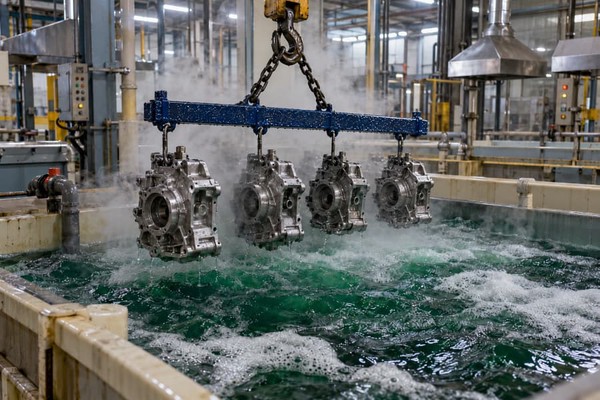 Rack of machined steel parts lifted above a heated electroless nickel tank with pale green solution and no electrical connections