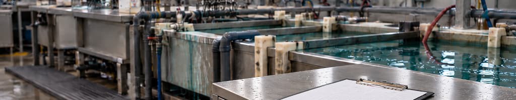 An operator walking away from a plating line with a process record resting beside a rectifier cabinet
