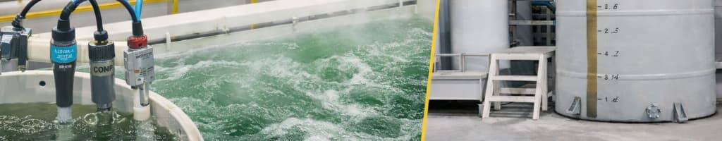 Industrial wet process bath instrumentation measuring pH, conductivity, and temperature