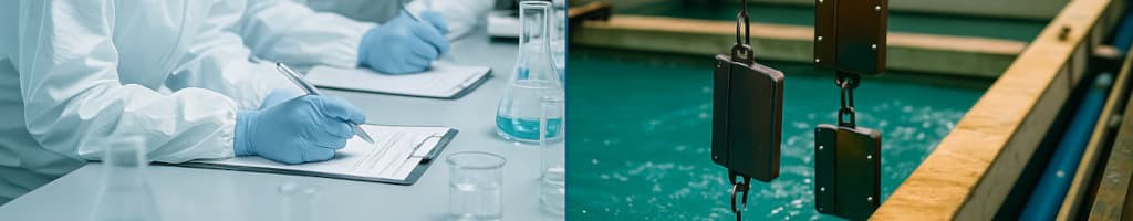 Technicians in pharmaceutical cleanroom comparing data with plating shop audit logs