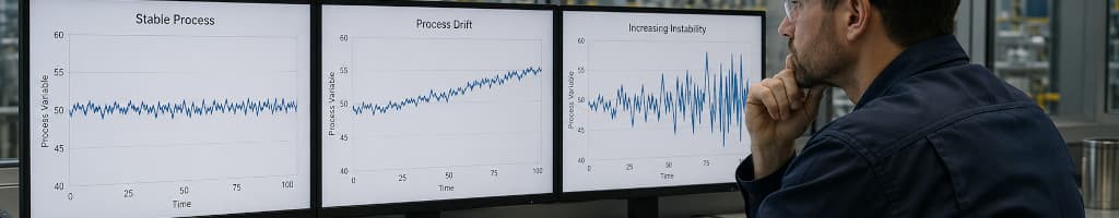 Three types of process change classified by risk level: normal variation, drift, and developing instability