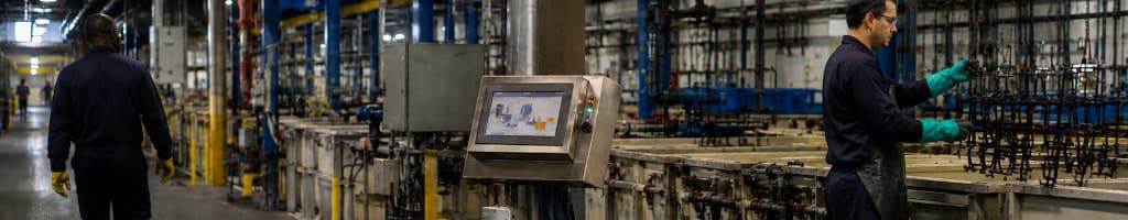 Painel compartilhado de monitoramento de processo em uma linha de galvanoplastia enquanto operadores próximos seguem em outras tarefas, ilustrando um sinal visível sem dono definido da resposta