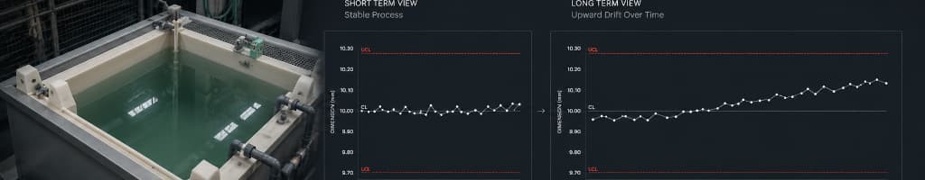 Control chart showing the same process data appearing stable over a short observation window but revealing systematic drift over a longer time period