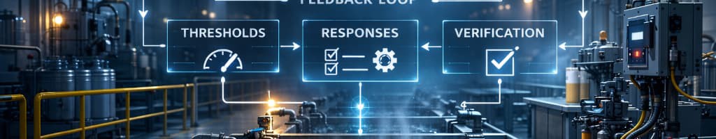 Linha de manufatura calma com diagrama de sistema mostrando ciclos de feedback e limites de intervenção