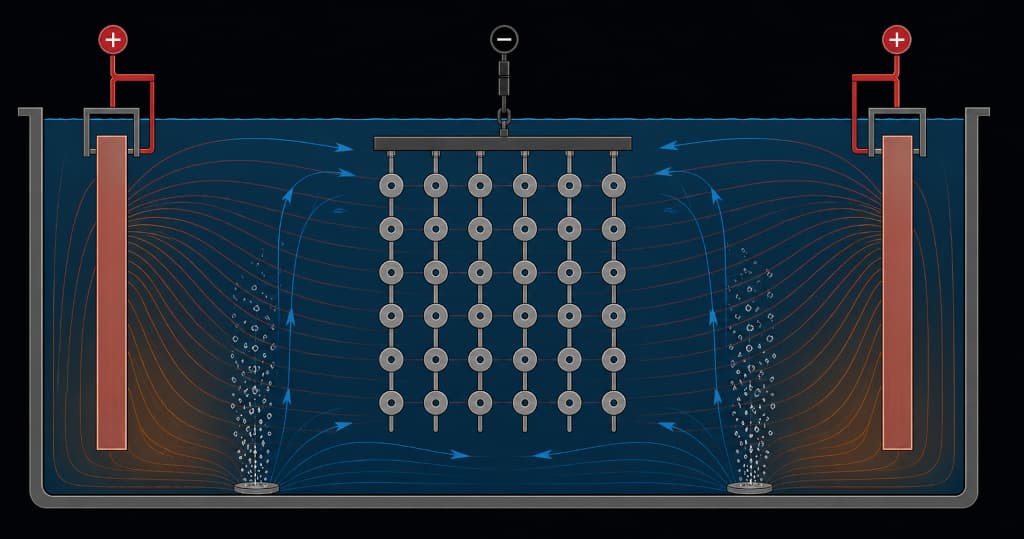 Cross-section diagram of a plating tank showing heat distribution, anode placement, agitation patterns, and part loading geometry